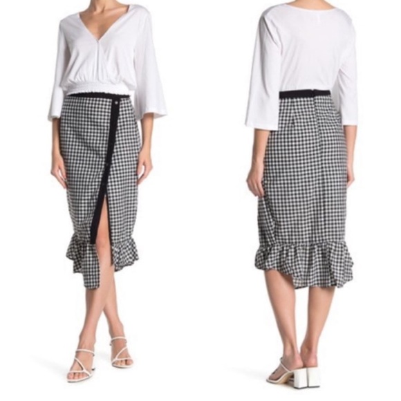 NWT BCBGeneration Gingham Checkered Pencil MIDI Skirt Ruffle Black White Size 2 - Picture 3 of 10